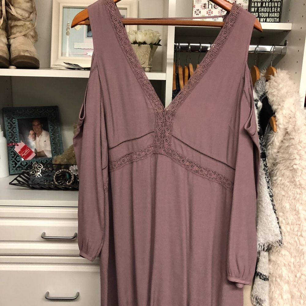 Lavender. Open shoulder long sleeve dress.